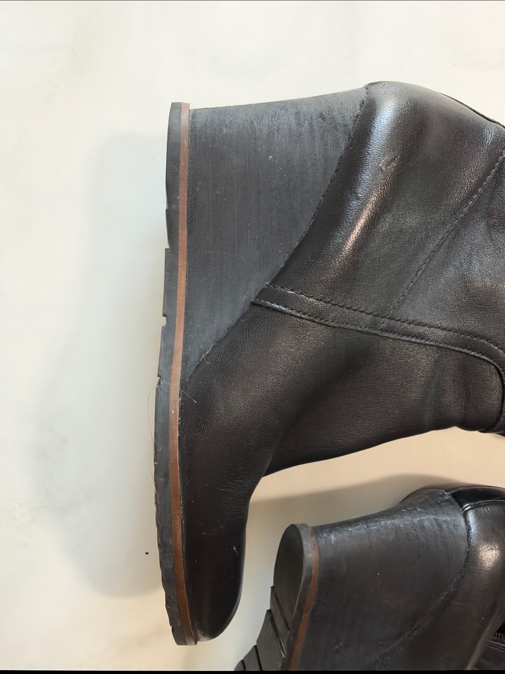 Women's Black Leather Knee-High Wedge Boots - Picture 8 of 15